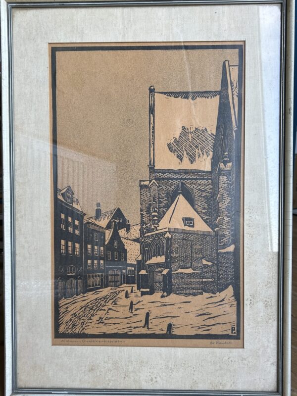 Genummerde linosnede of houtsnede Amsterdam Oudekerksplein, H. Paulus