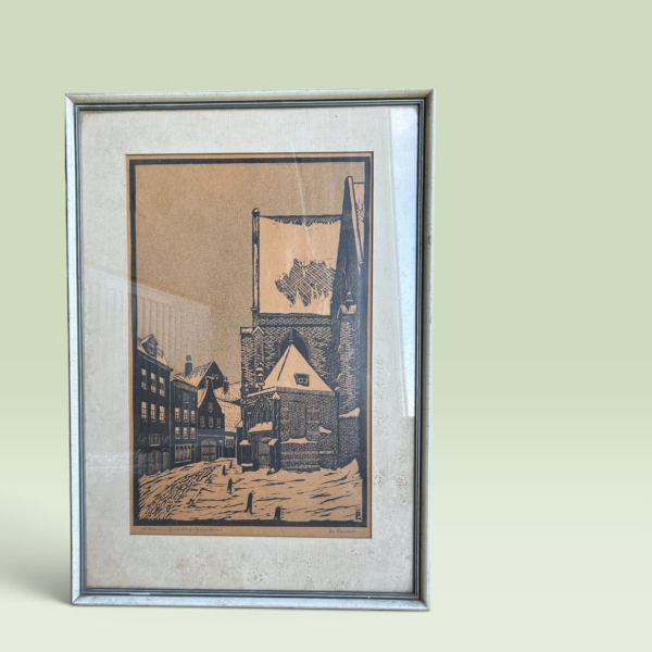 Genummerde linosnede of houtsnede Amsterdam Oudekerksplein, H. Paulus